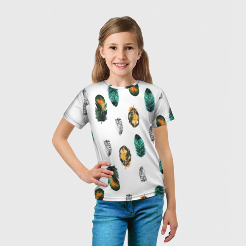 Детская футболка 3D с принтом Перья на белом фоне, вид сбоку #3