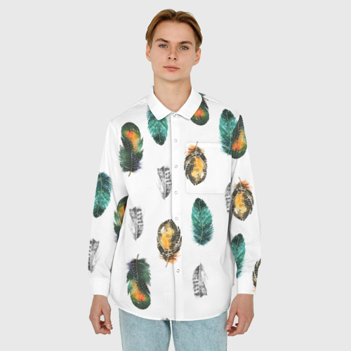 Мужская рубашка oversize 3D с принтом Перья на белом фоне, фото на моделе #1
