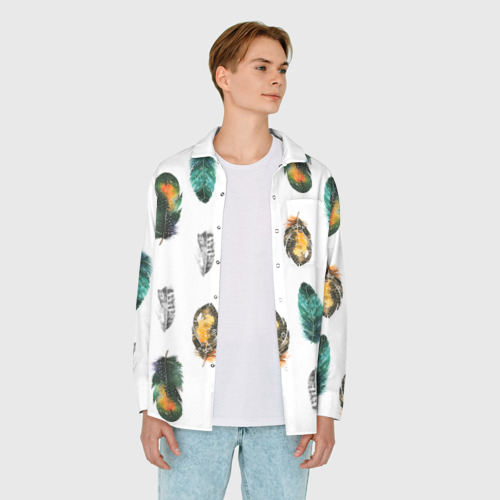 Мужская рубашка oversize 3D с принтом Перья на белом фоне, вид сбоку #3