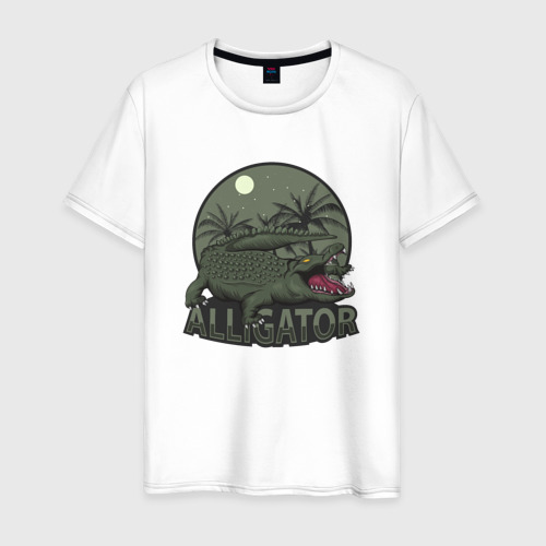 Мужская футболка из хлопка с принтом Аллигатор и пальмы, вид спереди №1
