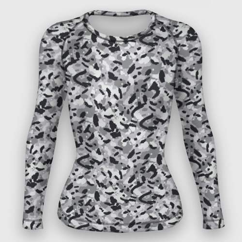Женский рашгард 3D с принтом Пикселированный городской серый камуфляж, вид спереди #2