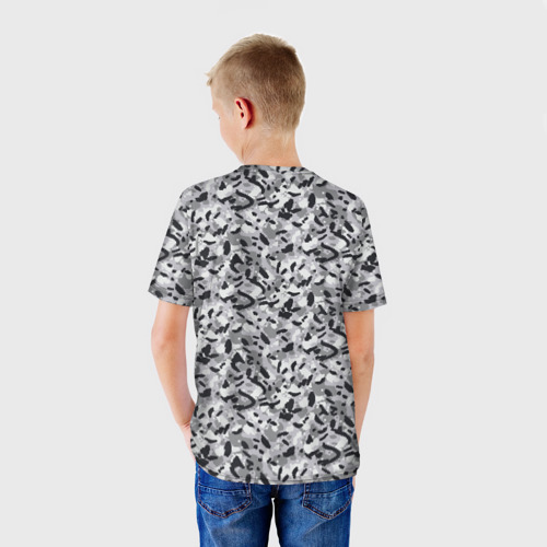 Детская футболка 3D с принтом Пикселированный городской серый камуфляж, вид сзади #2