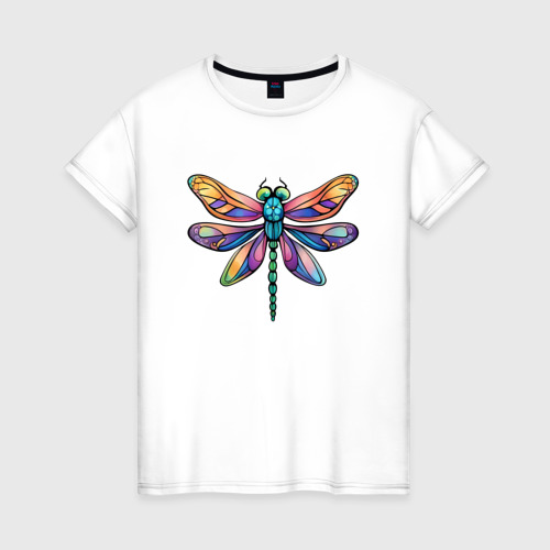 Женская футболка из хлопка с принтом Разноцветная стрекоза, вид спереди №1