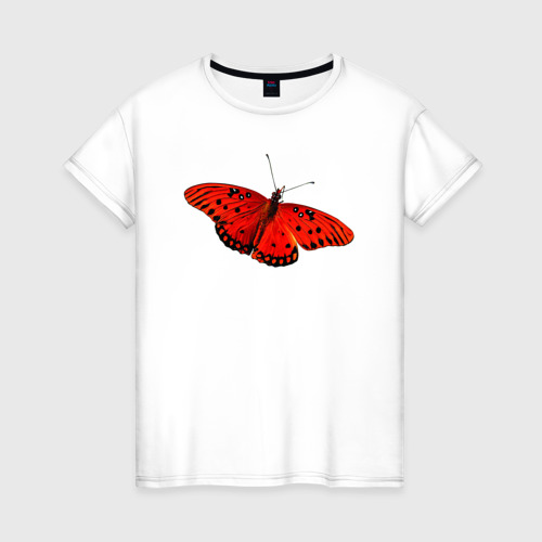 Женская футболка из хлопка с принтом Красная бабочка с черными точками, вид спереди №1