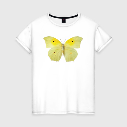 Женская футболка из хлопка с принтом Желтая бабочка, вид спереди №1