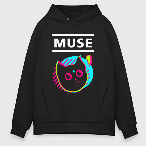 Мужское худи Oversize хлопок Muse rock star cat, цвет черный