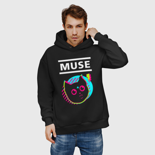 Мужское худи Oversize хлопок Muse rock star cat, цвет черный - фото 3