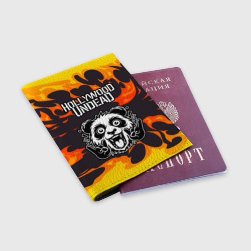 Обложка для паспорта матовая кожа Hollywood Undead рок панда и огонь - фото 3