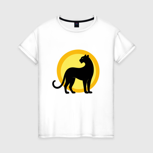 Женская футболка из хлопка с принтом Черная пантера на фоне солнца, вид спереди №1