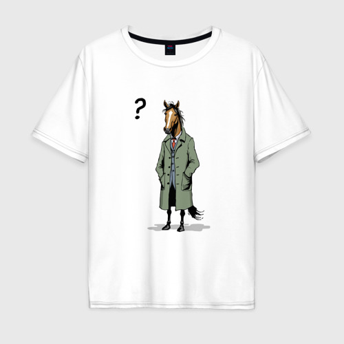 Мужская футболка из хлопка оверсайз с принтом Конь в пальто и знак вопроса мем, вид спереди №1