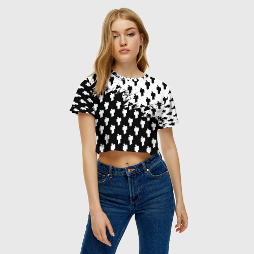 Женская футболка Crop-top 3D Billie Eilish pattern black, цвет 3D печать - фото 3