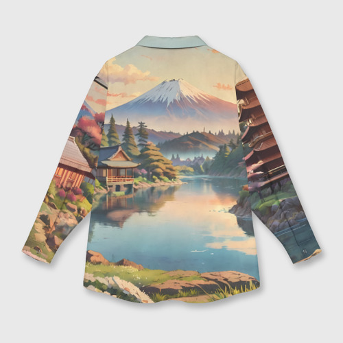 Женская рубашка oversize 3D с принтом Спокойный рассвет над японским горизонтом, вид сзади #1