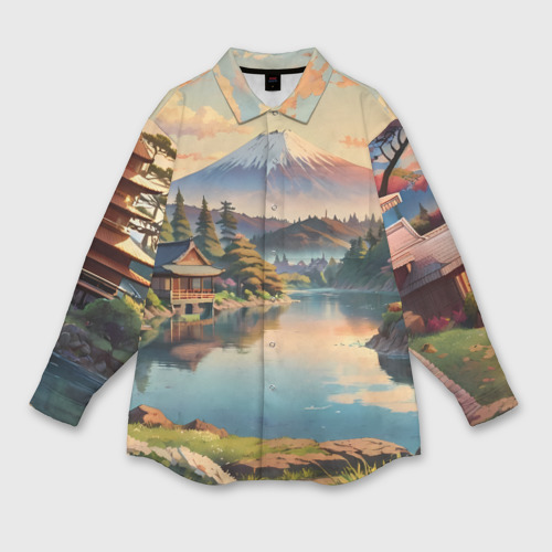 Женская рубашка oversize 3D с принтом Спокойный рассвет над японским горизонтом, вид спереди #2