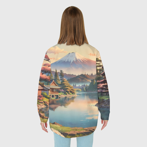 Женская рубашка oversize 3D с принтом Спокойный рассвет над японским горизонтом, вид сзади #2