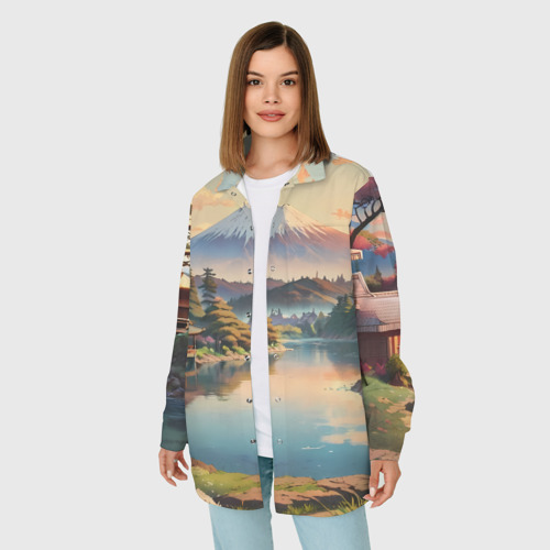 Женская рубашка oversize 3D с принтом Спокойный рассвет над японским горизонтом, фото на моделе #1