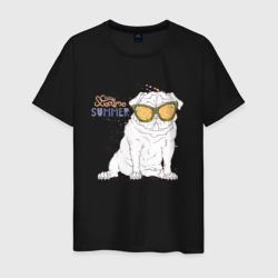 Собака мопс в очках – Мужская футболка хлопок с принтом купить со скидкой в -20%
