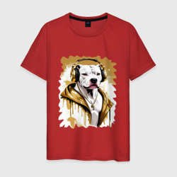 Белая собака репер в наушниках с золотой цепью – Футболка из хлопка с принтом купить со скидкой в -20%
