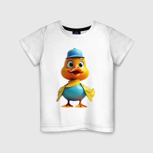Детская футболка из хлопка с принтом Мультяшная утка в кепке, вид спереди №1