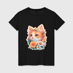 Милый рыжий котенок в цветах стикер – Женская футболка хлопок с принтом купить со скидкой в -20%