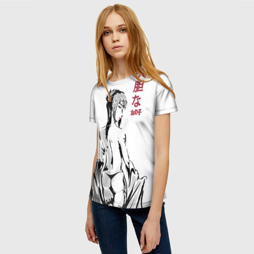 Женская футболка 3D Девушка вполоборота в стиле манга с японскими иероглифами, цвет 3D печать - фото 3