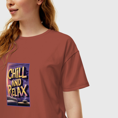 Женская футболка хлопок Oversize Chill and relax, цвет кирпичный - фото 3