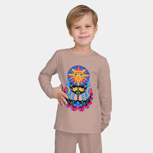 Детская пижама с лонгсливом хлопок с принтом Матрешка солнце, фото на моделе #1