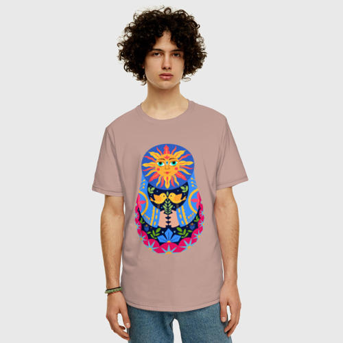 Мужская футболка хлопок Oversize с принтом Матрешка солнце, фото на моделе #1