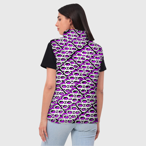 Женский жилет утепленный 3D с принтом Фиолетово-белый узор на чёрном фоне, вид сзади #2