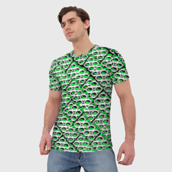 Мужская футболка 3D Зелёно-белый узор на чёрном фоне - фото 2