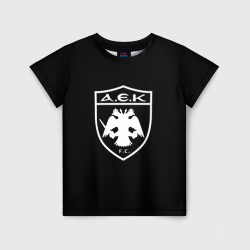 Детская футболка с принтом AEK fc белое лого, вид спереди №1