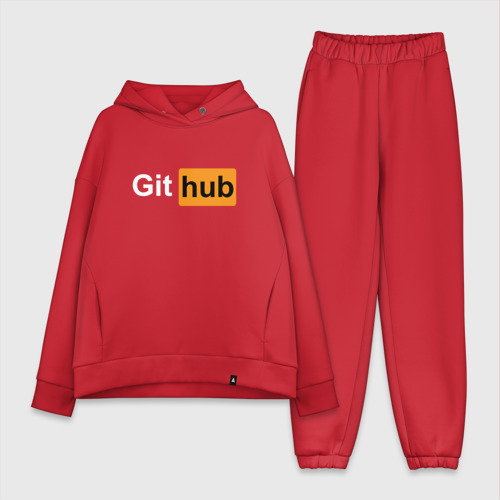Женский костюм хлопок Oversize с принтом Git hub арт, вид спереди #2