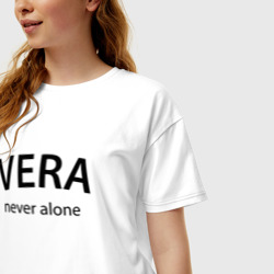 Футболка с принтом Vera never alone - motto для женщины, вид на модели спереди №2. Цвет основы: белый
