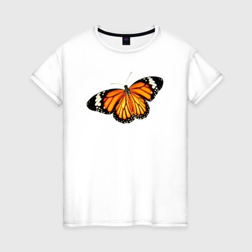 Женская футболка из хлопка с принтом Бабочка оранжевая с черными краями трехцветная, вид спереди №1