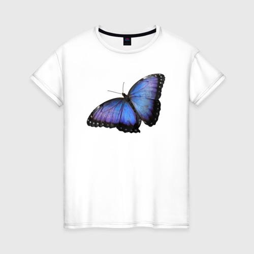 Женская футболка из хлопка с принтом Бабочка сине-фиолетовая перламутровая, вид спереди №1