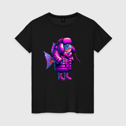 Женская футболка хлопок Рыба в ушанке и фиолетовой шубе