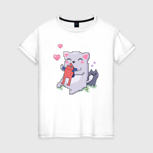 Женская футболка из хлопка с принтом Коты с рыбой в стиле пиксель-арт, вид спереди №1