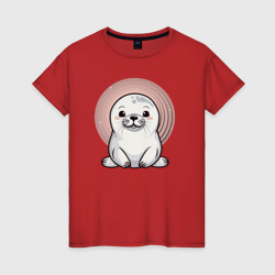 Милый тюлень на фоне кругов – Женская футболка хлопок с принтом купить со скидкой в -20%