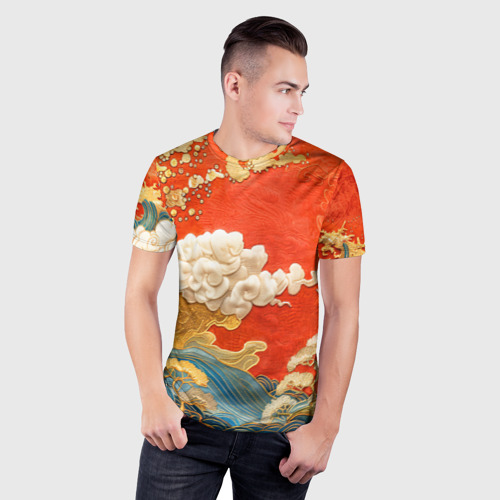 Мужская футболка 3D Slim с принтом Китайский узор облаков, фото на моделе #1