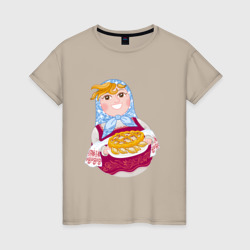 Женская футболка хлопок Матрешка хозяйка в русском стиле с пирогом