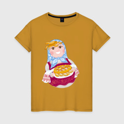 Матрешка хозяйка в русском стиле с пирогом – Женская футболка хлопок с принтом купить со скидкой в -20%