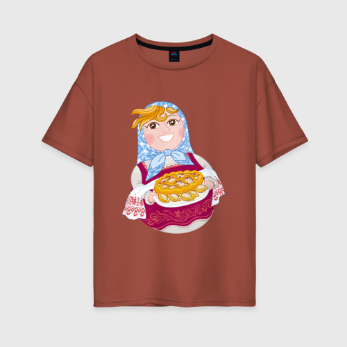 Женская футболка хлопок Oversize с принтом Матрешка хозяйка в русском стиле с пирогом, вид спереди #2