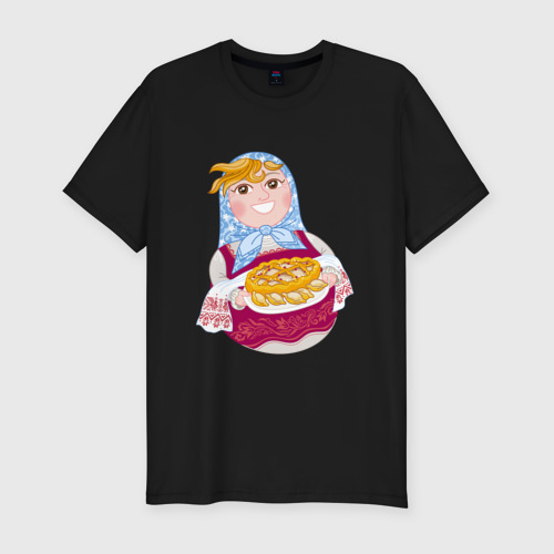Мужская футболка хлопок Slim Матрешка хозяйка в русском стиле с пирогом, цвет черный