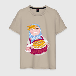 Мужская футболка хлопок Матрешка хозяйка в русском стиле с пирогом