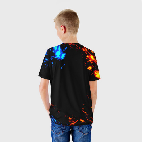Детская футболка 3D с принтом Квейк огненное лого лава, вид сзади #2