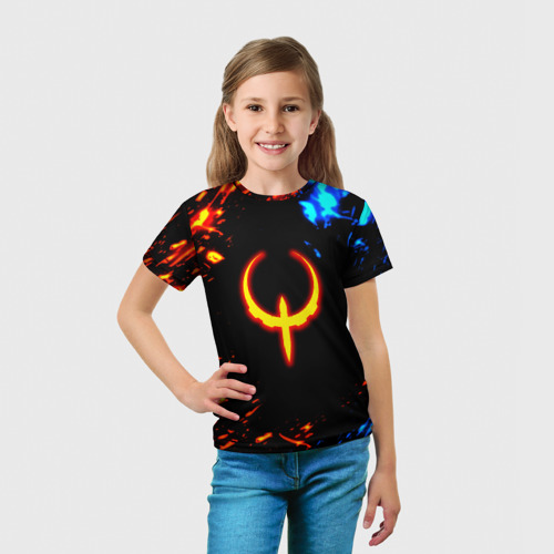 Детская футболка 3D с принтом Квейк огненное лого лава, вид сбоку #3