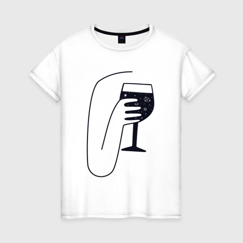 Женская футболка из хлопка с принтом Космическое вино, вид спереди №1