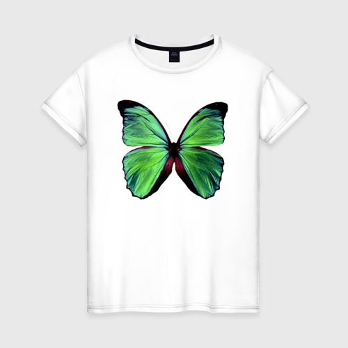 Женская футболка из хлопка с принтом Зеленая перламутровая бабочка, вид спереди №1