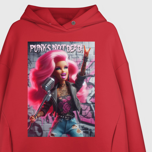 Женское худи Oversize хлопок Barbie - punk's not dead motto, цвет красный - фото 3