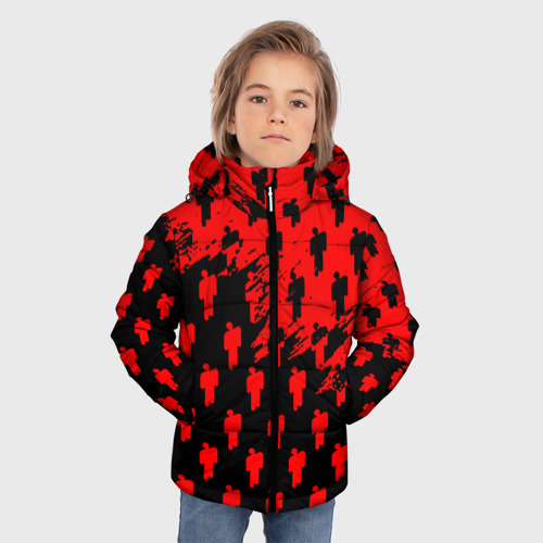 Зимняя куртка для мальчиков 3D с принтом Billie Eilish pattern music steel, фото на моделе #1