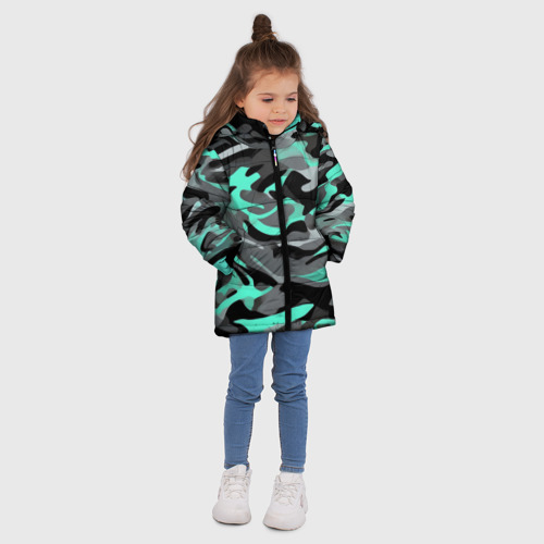 Зимняя куртка для девочек 3D с принтом Серо-бирюзовый камуфляж, вид сбоку #3